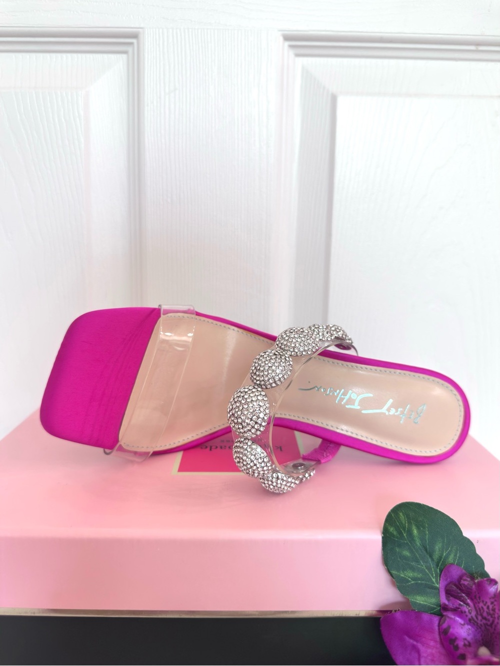 BETSEY JOHNSON ~ Pink Satin Acrylic Platform Shoes w/Silver Rhinestone Accents - Picture 4 of 12